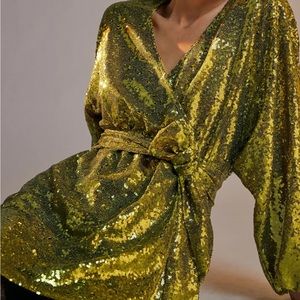 Anthropologie | Chartreuse sequined cocktail dress | Tie Waist Mini